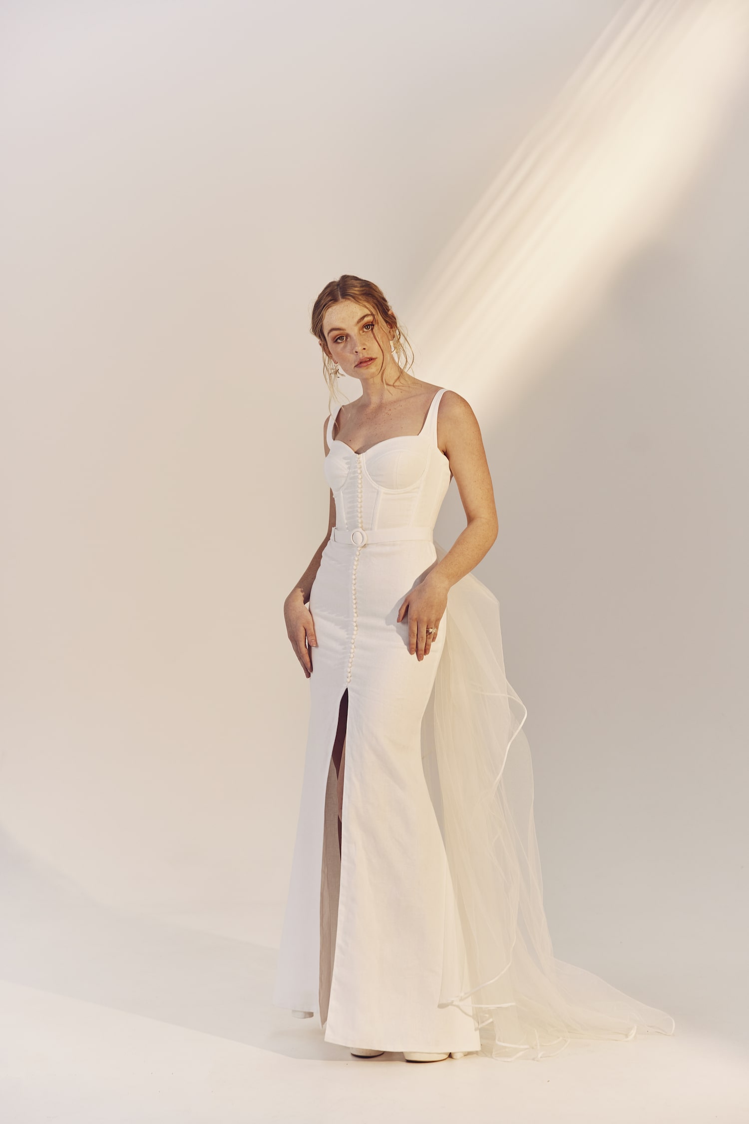 Vera full length - white linen corset bodice with slim fitting skirt and front skirt split