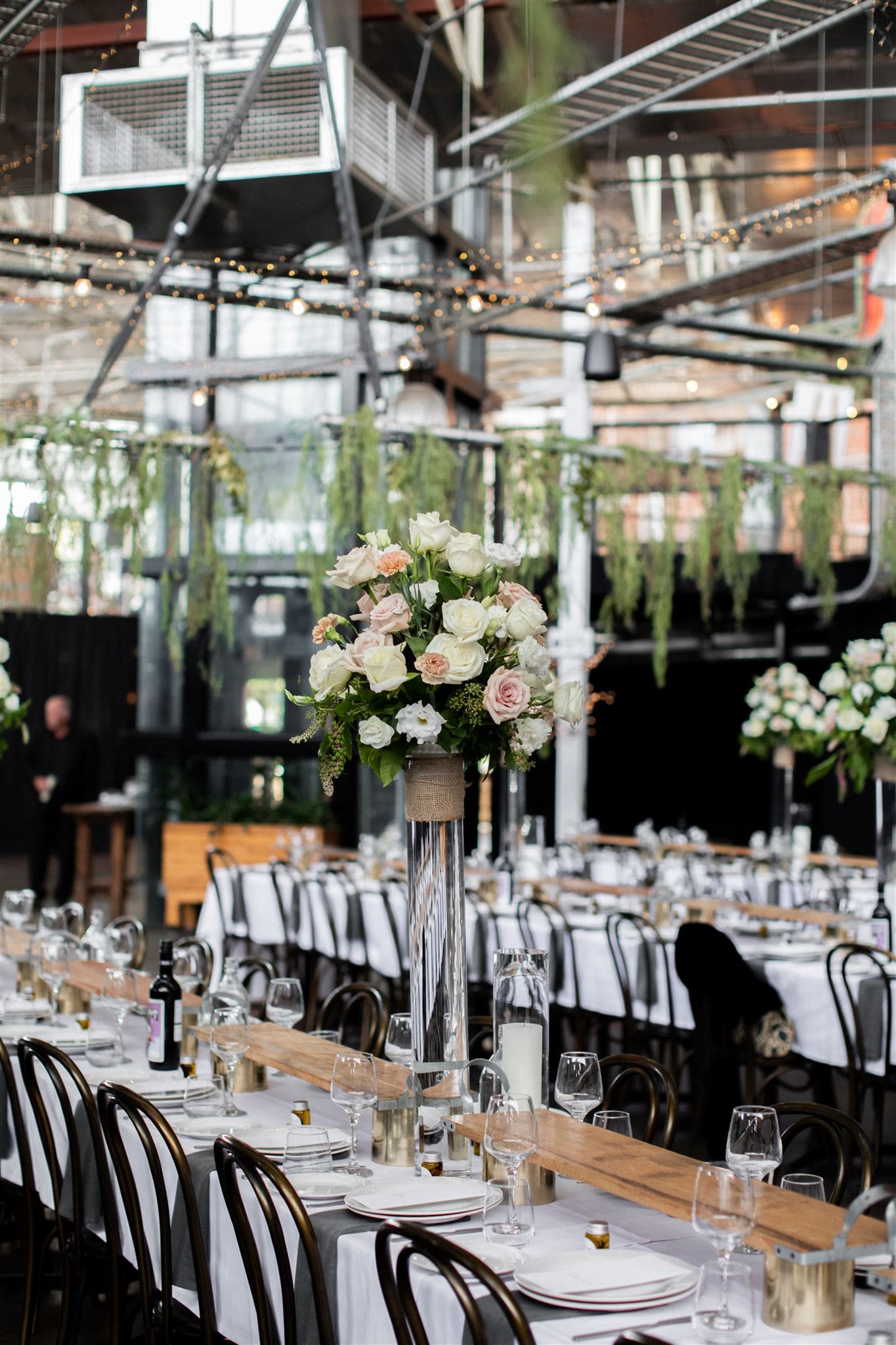 industrial tablescape and decor at reception