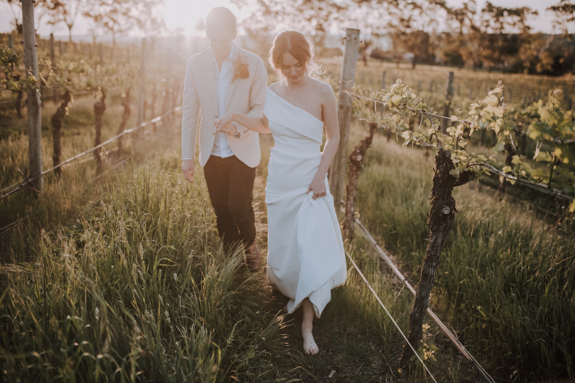 Bride and groom walking hand in hand through vineyard with evening sunlight in the background