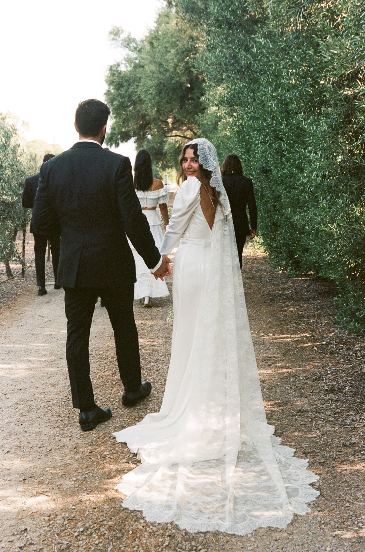 Back view of the married couple holding hands and walking through a vineyard. The brides gown has a deep V back neckline and a long chantilly lace veil.