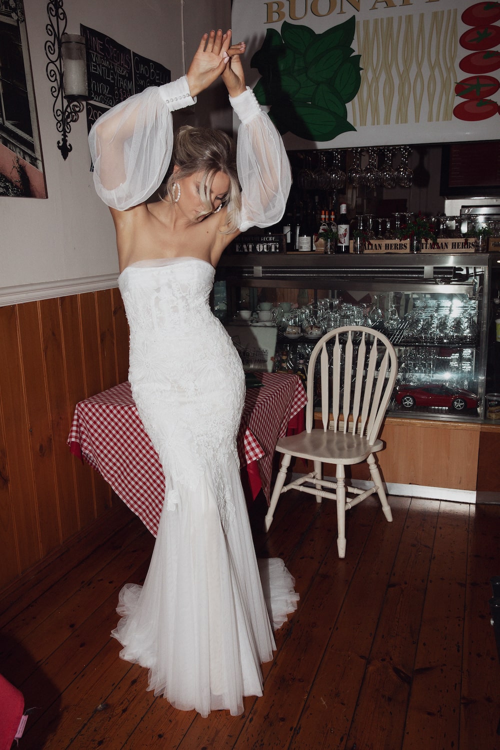 The Verona wedding dress - strapless figure hugging lace gown with detached sheer puff sleeves
