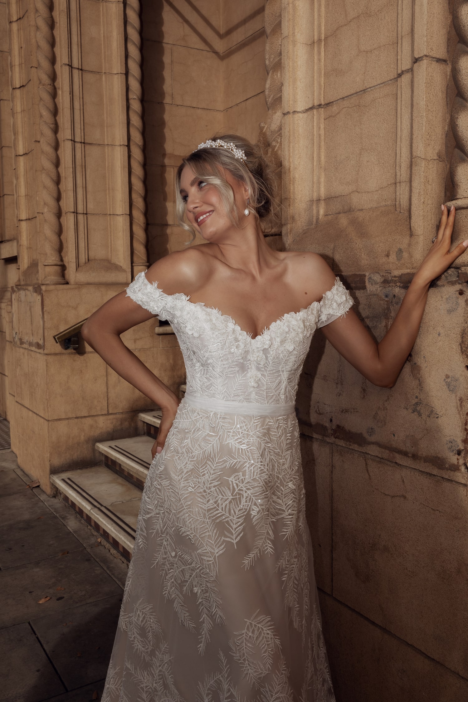 The Via Condotti wedding dress - off the shoulder 3D lace A-line gown