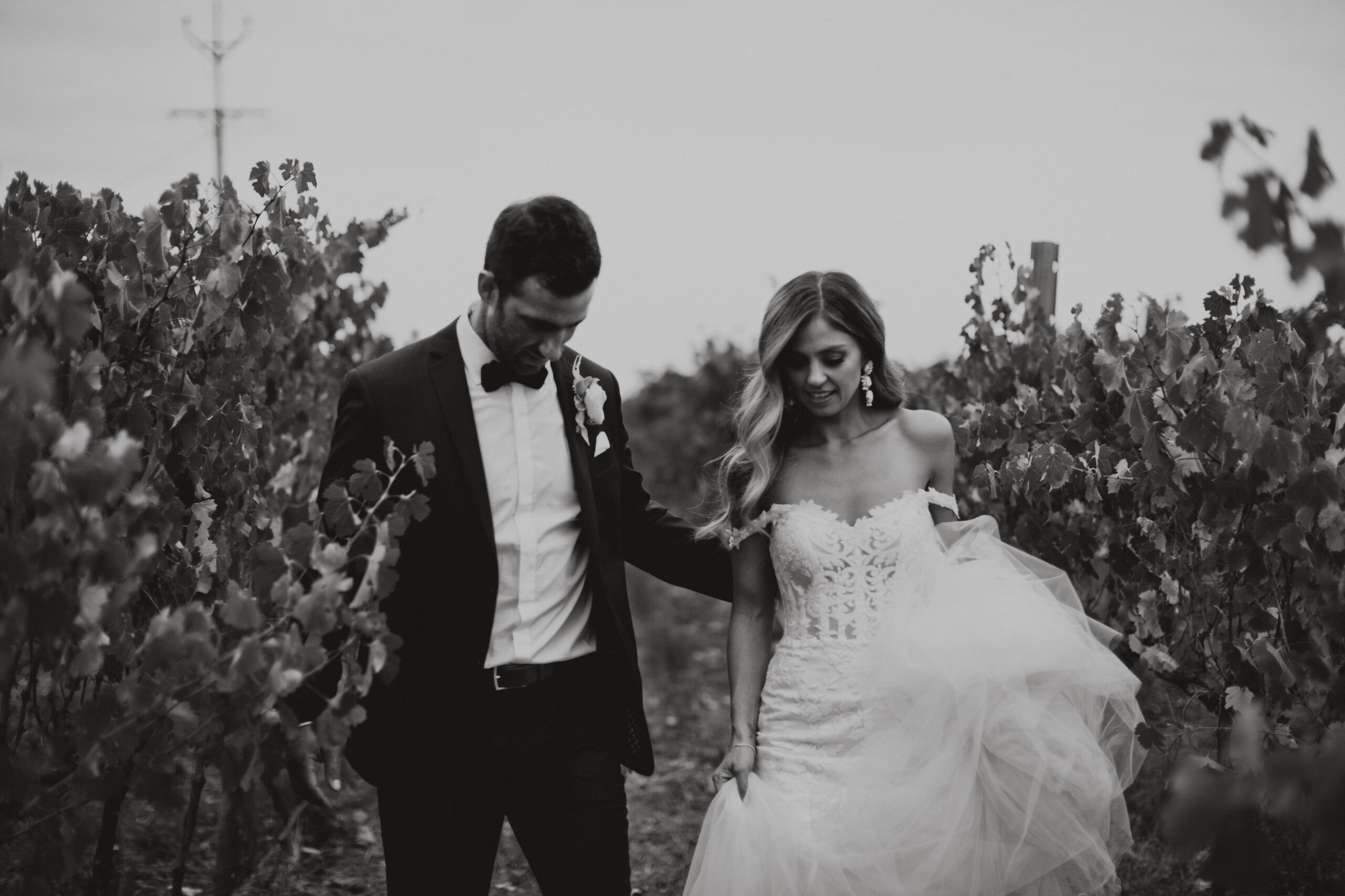 Couple portrait - bride and groom walking through a vineyard.