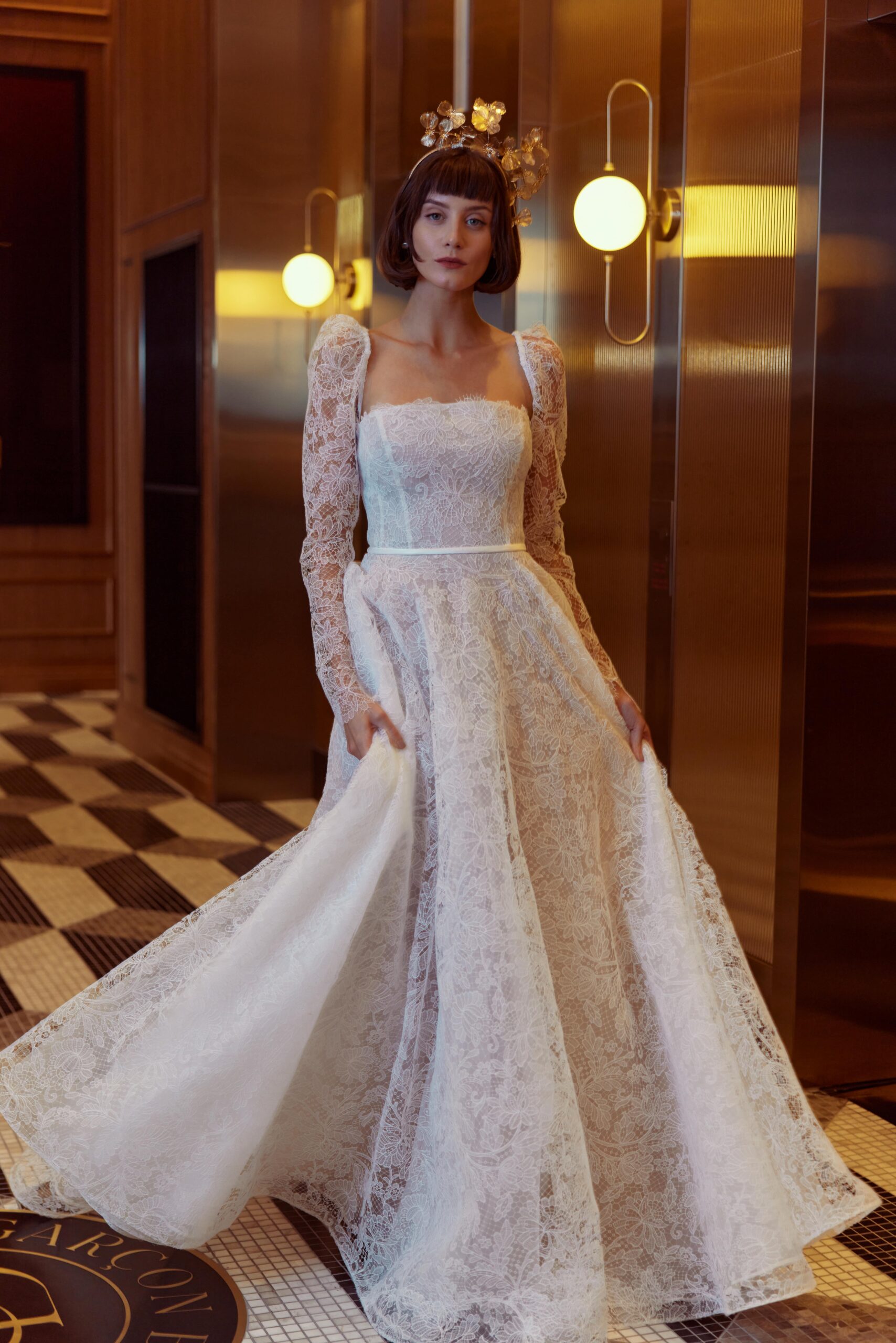 Cecile - a fine lace strapless A-line gown with long sleeves