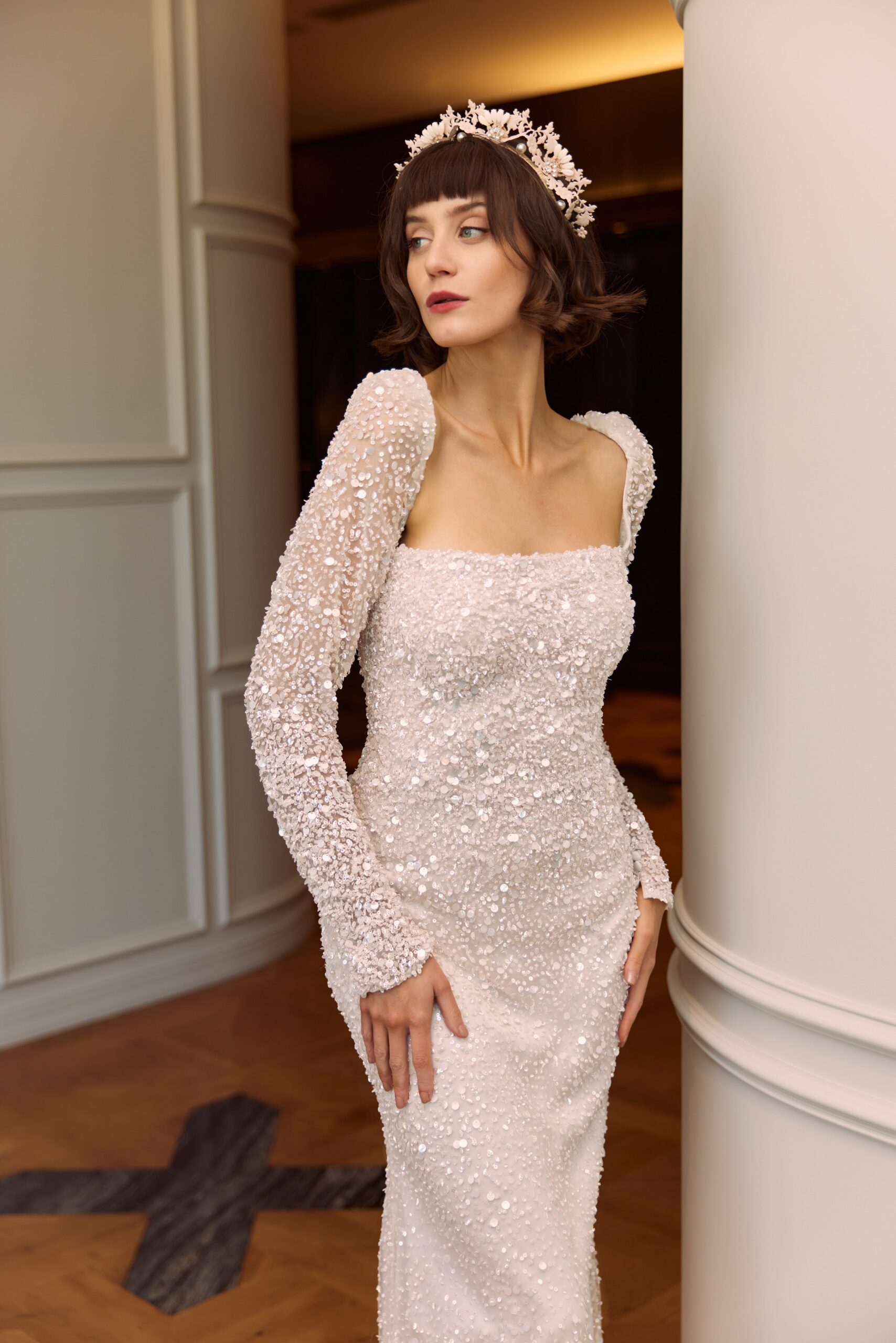 Elise - a soft pink bead encrusted tulle soft-mermaid gown with slim fitted sleeves.