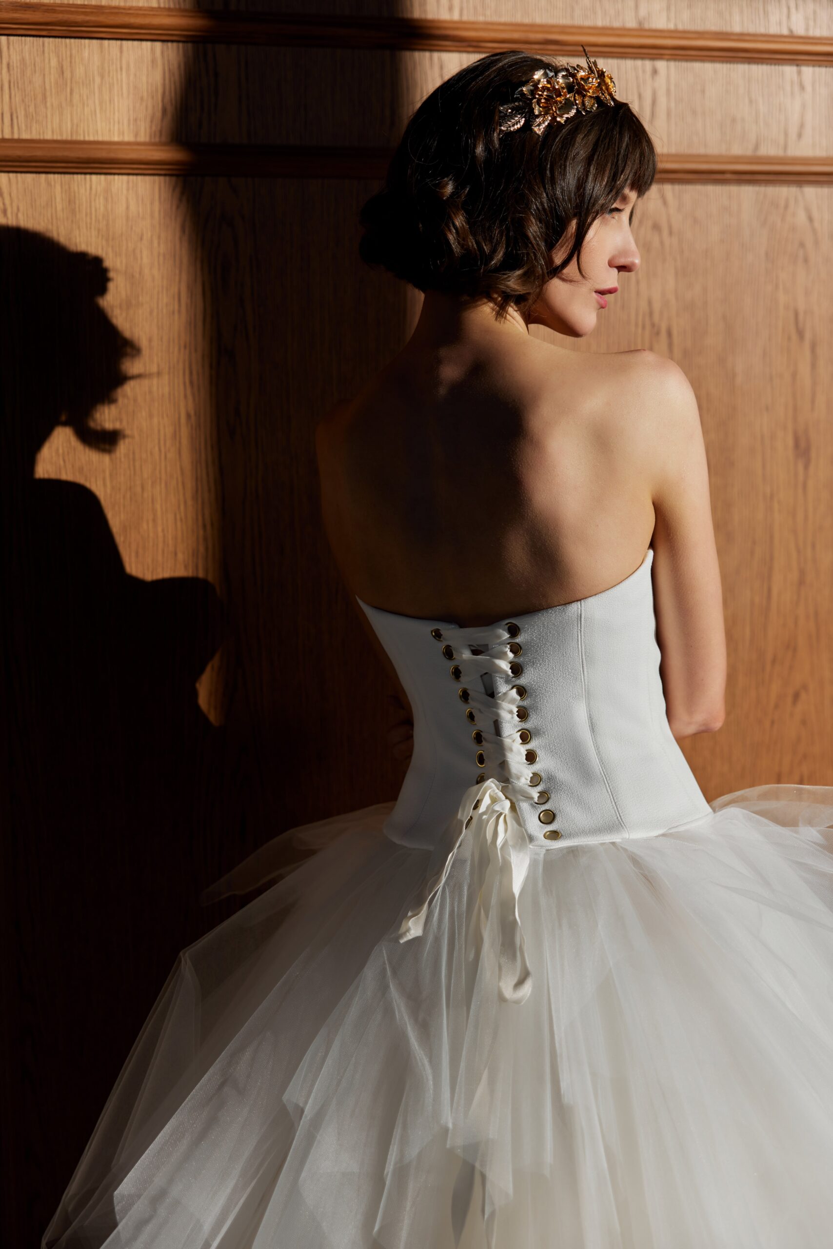 Zelie top and Frou Frou skirt - a strapless corset style bodice with a lace up back worn with a decadent ruffled tulle skirt.