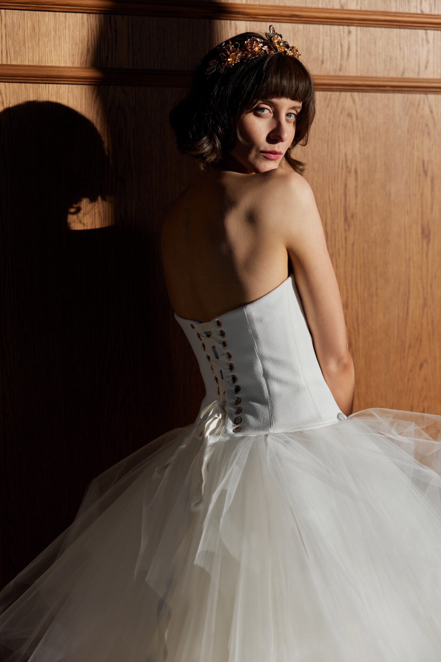 Zelie top and Frou Frou skirt - a strapless corset style bodice with a lace up back worn with a decadent ruffled tulle skirt.