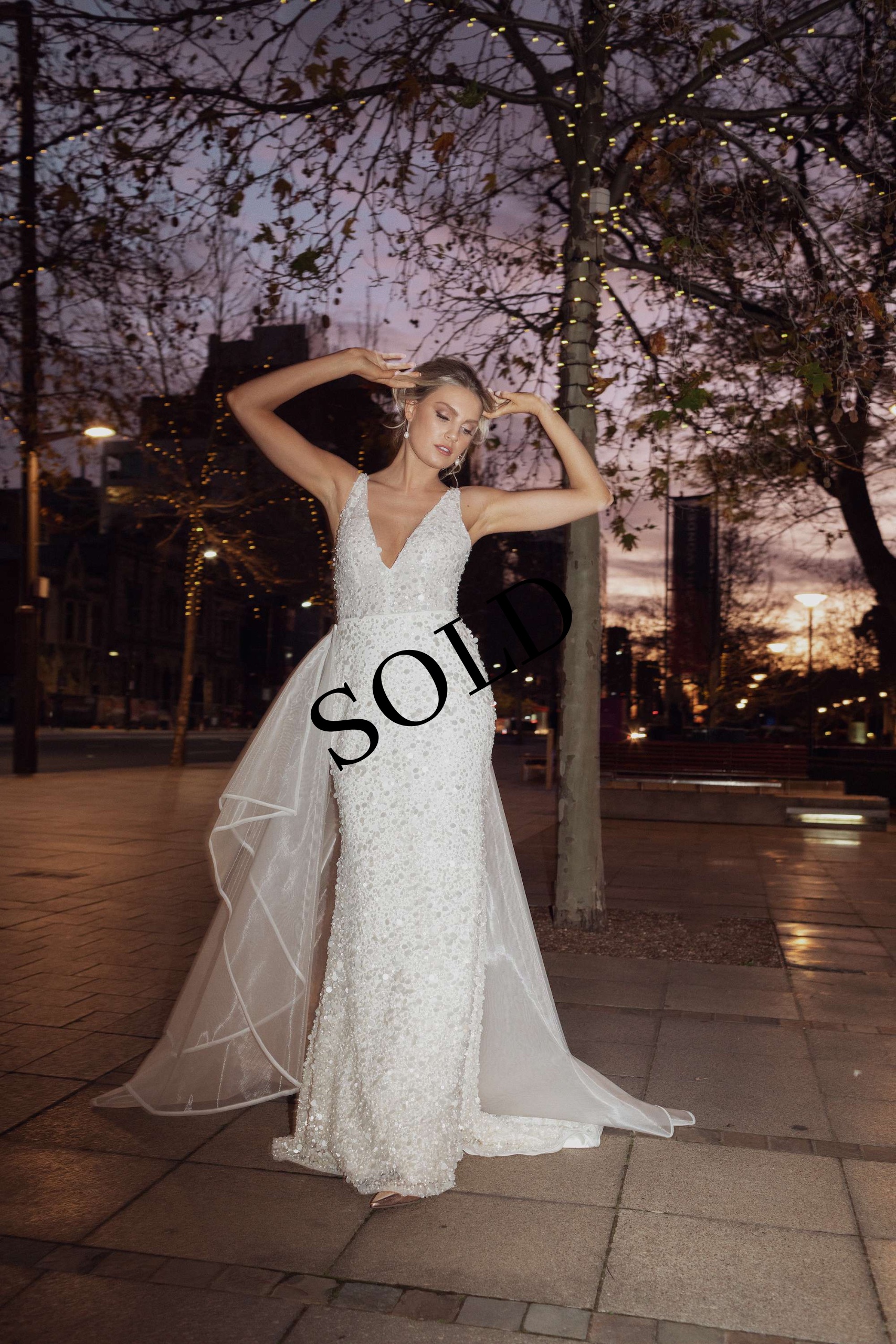 The Luna wedding dress - beaded and sequinned tulle gown with v neckline and detachable train