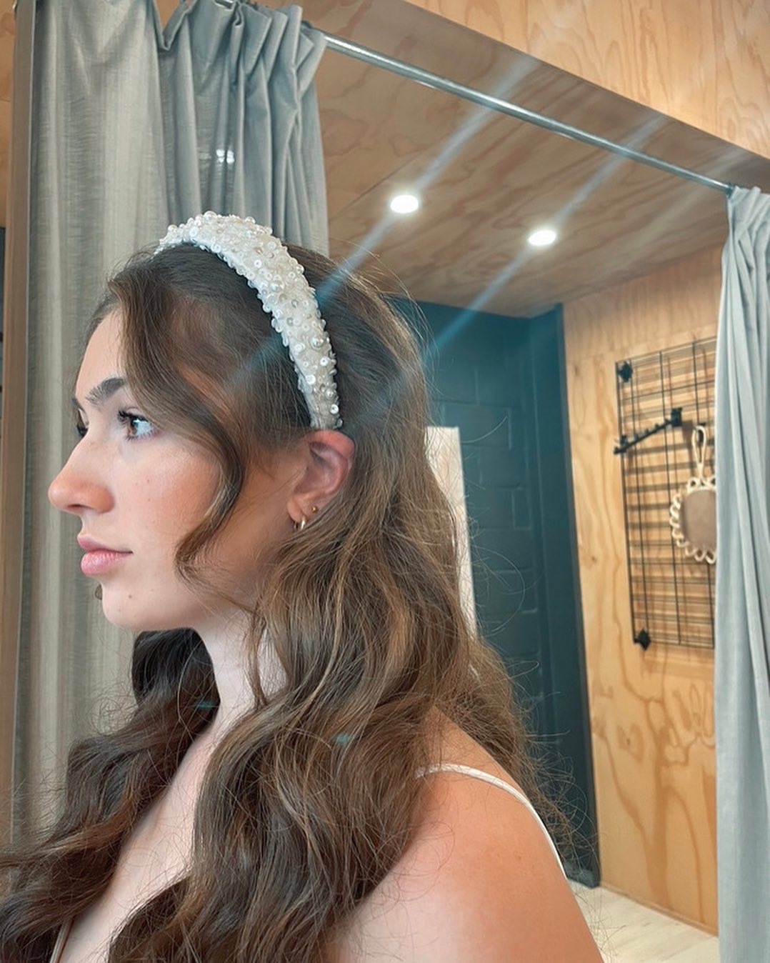 Harlow beaded lace headband on model photographed in the Caleche boutique