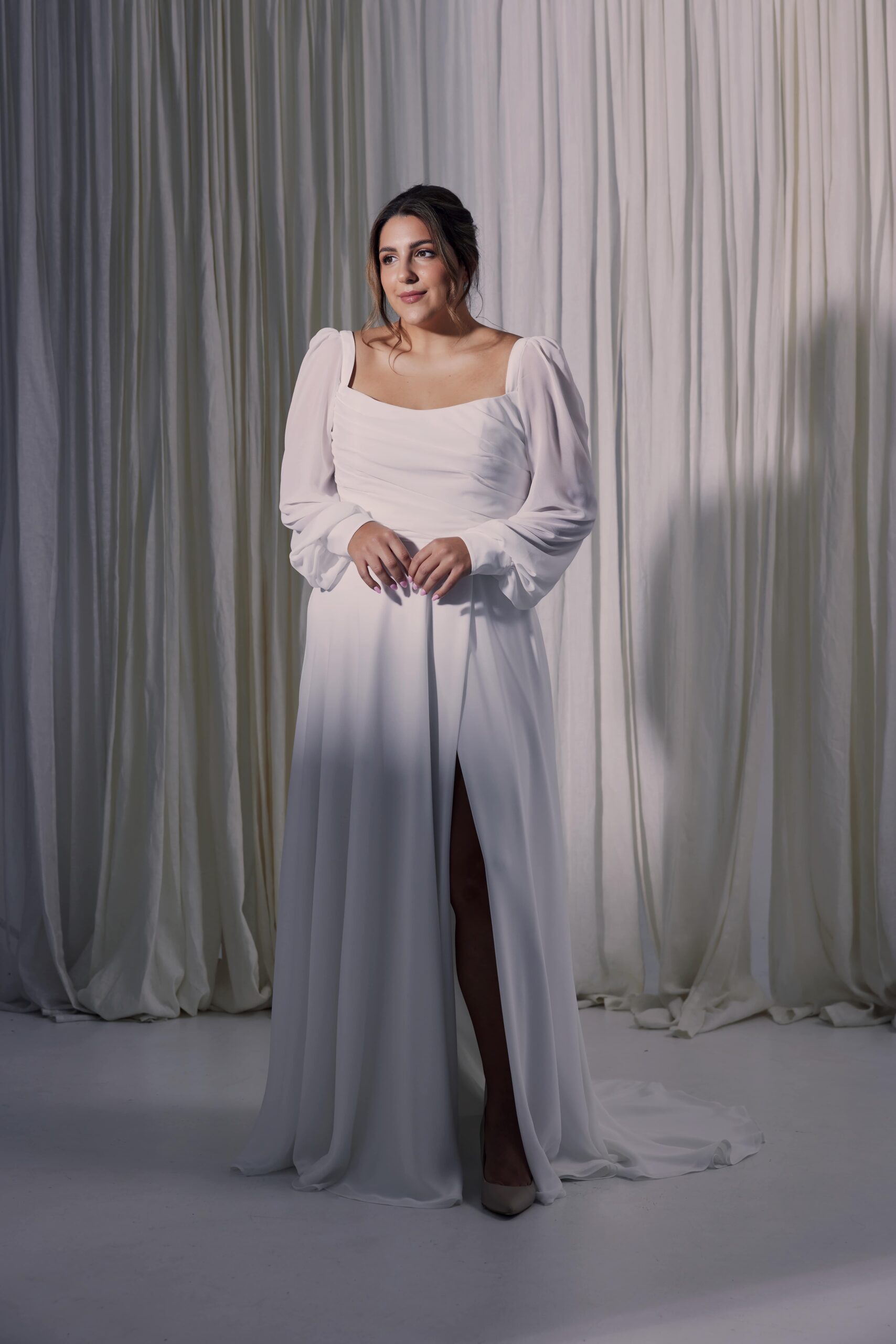 The Lunella gown - sheer georgette sleeves, soft georgette draping and a soft flowing a-line skirt.
