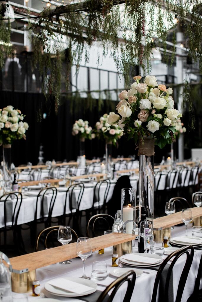 industrial tablescape - black white and florals